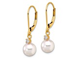 14K Yellow Gold 7-8mm Round White Akoya Cultured Pearl 0.10 cttw Diamond Dangle Leverback Earrings