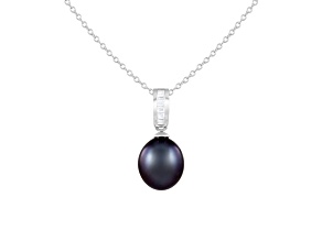 8-8.5mm Black Cultured Freshwater Pearl Sterling Silver Pendant W/Chain