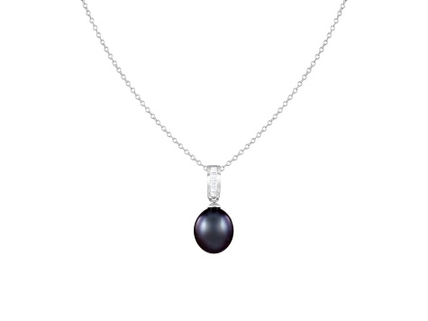 8-8.5mm Black Cultured Freshwater Pearl Sterling Silver Pendant W/Chain