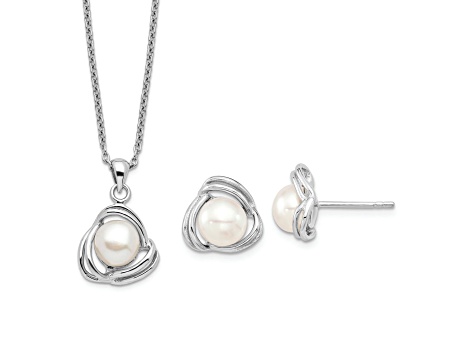 Rhodium Over Sterling Silver 6-7mm White Fresh Water Cultured Pearl Necklace and Earring Set