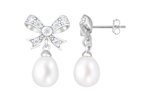 8-8.5mm White Cultured Freshwater Pearl and Cubic Zirconia Rhodium Over Sterling Silver Earrings