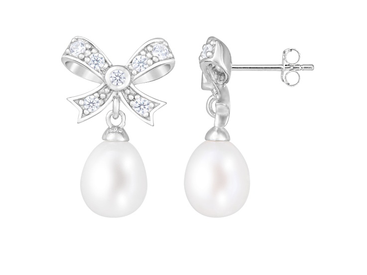 8-8.5mm White Cultured Freshwater Pearl and Cubic Zirconia Rhodium Over Sterling Silver Earrings