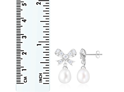 8-8.5mm White Cultured Freshwater Pearl and Cubic Zirconia Rhodium Over Sterling Silver Earrings