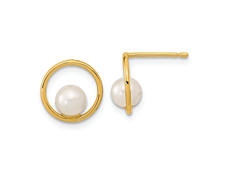 14k Yellow Gold Open Circle 5mm Freshwater Cultured Pearl Stud Earrings