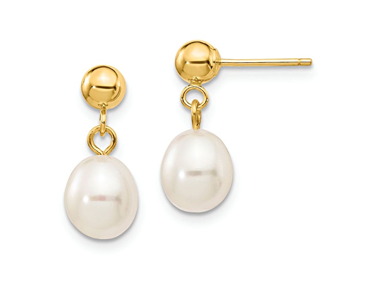 10k Yellow Gold 6-7mm White Rice Freshwater Cultured Pearl Dangle Earrings