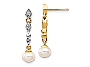 14K Yellow Gold with Rhodium 5-6mm Semi-round Freshwater Cultured Pearl 0.04ct Diamond Earrings