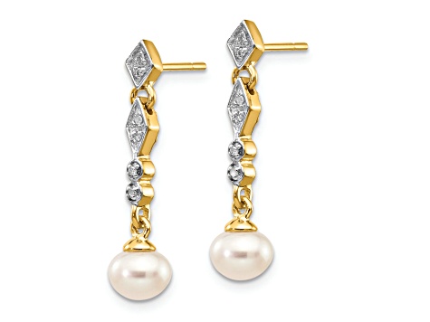 14K Yellow Gold with Rhodium 5-6mm Semi-round Freshwater Cultured Pearl 0.04ct Diamond Earrings