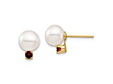 14K Yellow Gold 7-7.5mm White Round Freshwater Cultured Pearl Garnet Post Earrings