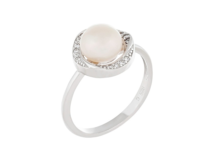 7.5-8mm White Button Cultured Freshwater Pearl and Cubic Zirconia Rhodium Over Silver Ring