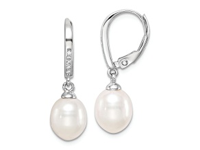 Rhodium Over Sterling Silver White 7-8mm Freshwater Cultured Pearl and CZ Leverback Earrings