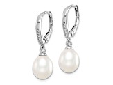 Rhodium Over Sterling Silver White 7-8mm Freshwater Cultured Pearl and CZ Leverback Earrings