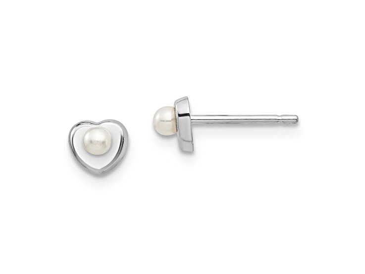 Rhodium Over 14k White Gold Children's White Button Freshwater Cultured Pearl Heart Stud Earrings