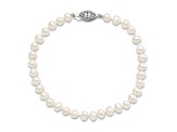 Rhodium Over Sterling Silver 5-6mm White Freshwater Cultured Pearl Bracelet