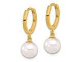 14K Yellow Gold 7-8mm Round Freshwater Cultured Pearl Dangle Hoop Earrings