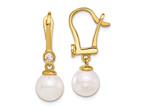 14K Yellow Gold 7-8mm Round White Akoya Cultured Pearl and 0.10 cttw Diamond Dangle Earrings