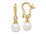 14K Yellow Gold 7-8mm Round White Akoya Cultured Pearl and 0.10 cttw Diamond Dangle Earrings