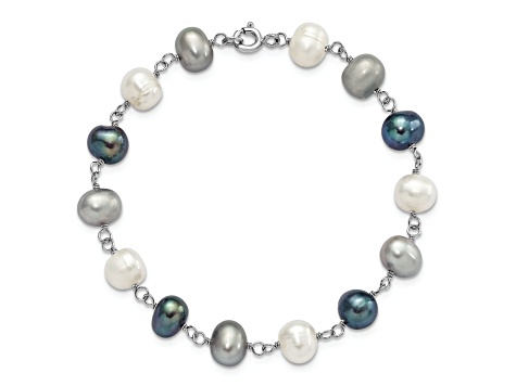 Rhodium Over Sterling Silver Multi-color Freshwater Pearl Necklace/Bracelet/Earring Set