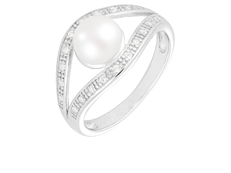 6-7mm White Button Cultured Freshwater Pearl and Cubic Zirconia Rhodium Over Silver Ring