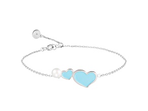 4.5-5mm Blue Enamel Heart and Cultured Freshwater Pearl Silver  Bracelet