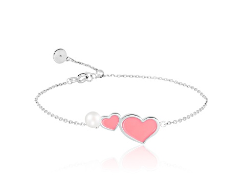 4.5-5mm Pink Enamel Heart and Cultured Freshwater Pearl Silver  Bracelet