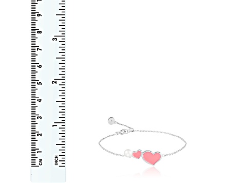 4.5-5mm Pink Enamel Heart and Cultured Freshwater Pearl Silver  Bracelet