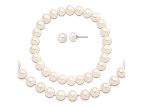 Rhodium Over Sterling Silver 7-8mm White Freshwater Pearl Earring Bracelet Necklace Set