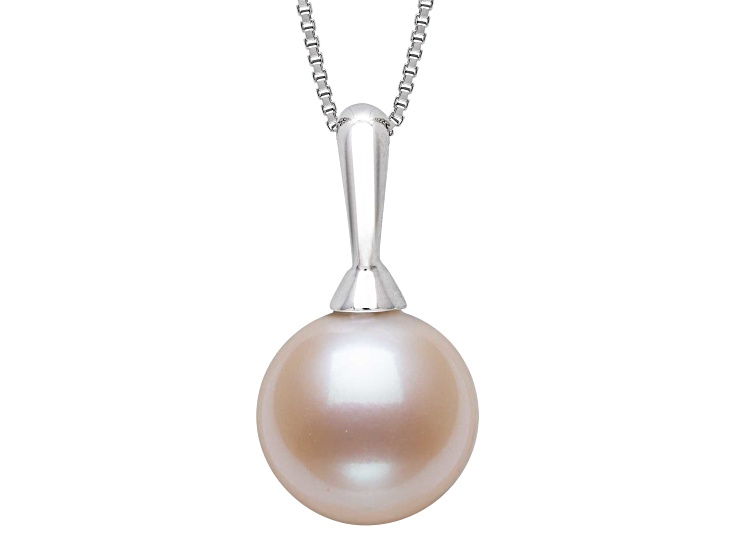 Peach Cultured Freshwater Pearl Rhodium Over Sterling Silver Pendant With Chain