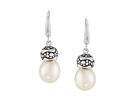 11-12mm Round White Freshwater Pearl Sterling Silver Drop Earrings