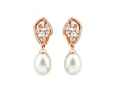 7-7.5mm Oval White Freshwater Pearl with Morganite and Diamond Accents 14K Rose Gold Drop Earrings