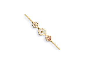 14K Yellow Gold with Pink and White Mother of Pearl Flowers 7-inch Bracelet