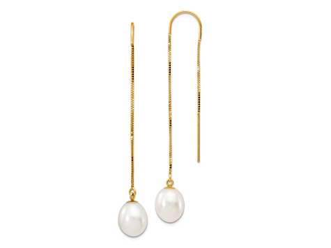 14K Yellow Gold 7-8mm White Rice Freshwater Cultured Pearl Box Chain Threader Earrings