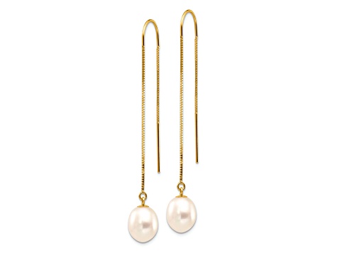 14K Yellow Gold 7-8mm White Rice Freshwater Cultured Pearl Box Chain Threader Earrings
