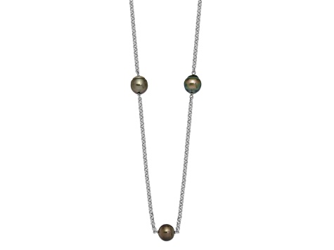 Rhodium Over Sterling Silver 8-9mm Baroque 5 Station Tahitian Saltwater Cultured Pearl Necklace