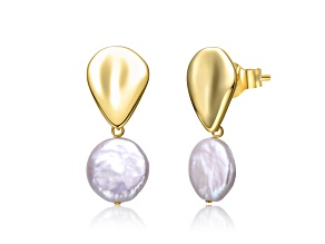14K Yellow Gold Over Sterling Silver Coin Shape Freshwater Pearl Double Dangle Earrings