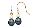 14K Yellow Gold 4-7mm White/Black Round/Rice Freshwater Culutured Pearl Dangle Earrings