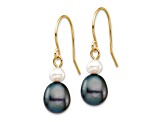 14K Yellow Gold 4-7mm White/Black Round/Rice Freshwater Culutured Pearl Dangle Earrings