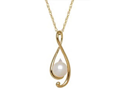 8mm Button White Freshwater Pearl and Diamond Accent 10K Yellow Gold Pendant with Chain