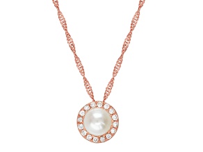 6-6.5mm Round White Freshwater Pearl with 0.11ctw Diamond Accents 10K Rose Gold Pendant with Chain