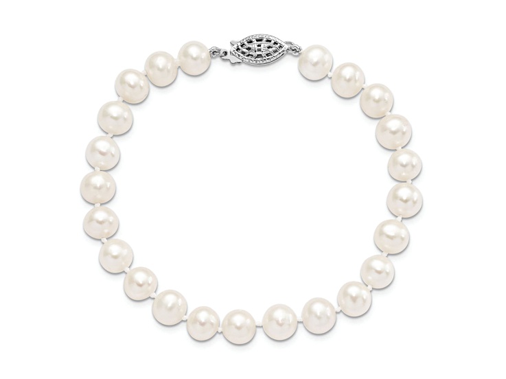 Rhodium Over Sterling Silver 7-8mm White Freshwater Cultured Pearl Bracelet