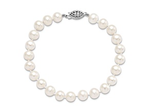 Rhodium Over Sterling Silver 7-8mm White Freshwater Cultured Pearl Bracelet