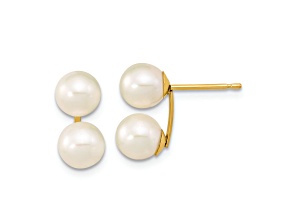 10k Yellow Gold 6-7mm White Round Freshwater Cultured Double Pearl Stud Earrings