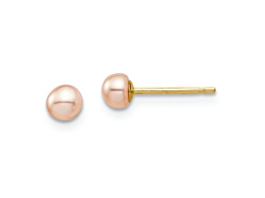 14K Yellow Gold Children's 3-4mm Pink Button Freshwater Cultured Pearl Stud Earrings