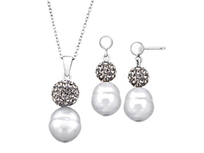 White Freshwater Pearl with White Crystal Accents Sterling Silver Necklace and Earrings Set