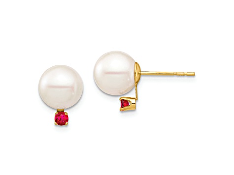 14K Yellow Gold 8-8.5mm White Round Freshwater Cultured Pearl Ruby Post ...