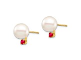14K Yellow Gold 8-8.5mm White Round Freshwater Cultured Pearl Ruby Post Earrings