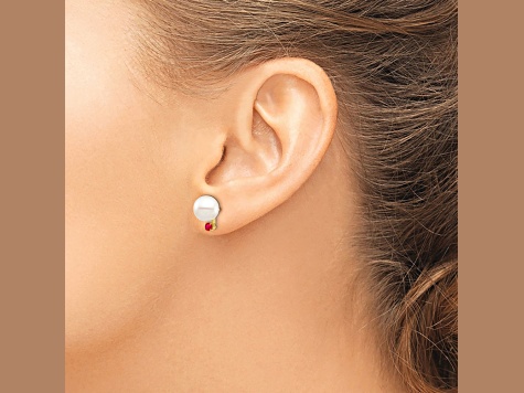 14K Yellow Gold 8-8.5mm White Round Freshwater Cultured Pearl Ruby Post Earrings