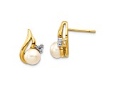 14K Yellow Gold and Rhodium 5-6mm Button Freshwater Cultured Pearl 0.02ct Diamond Post Earrings