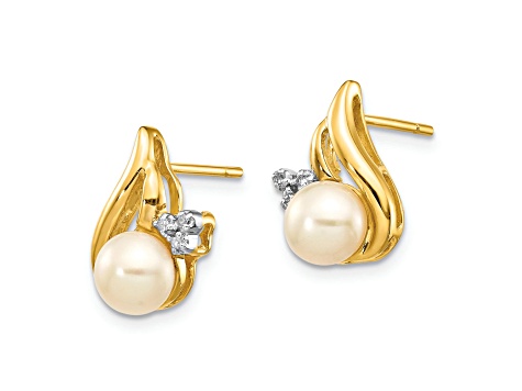 14K Yellow Gold and Rhodium 5-6mm Button Freshwater Cultured Pearl 0.02ct Diamond Post Earrings