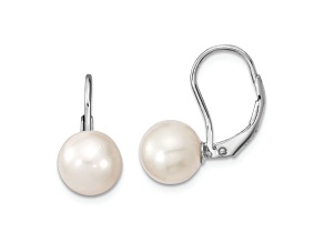 Rhodium Over Sterling Silver  8-9mm Round Freshwater Cultured Pearl Leverback Earrings
