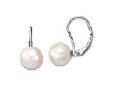 Rhodium Over Sterling Silver  8-9mm Round Freshwater Cultured Pearl Leverback Earrings